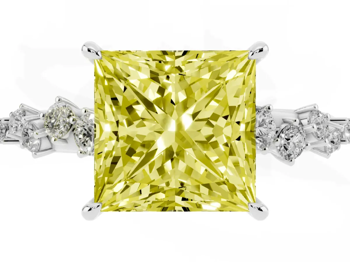 Fancy Yellow Princess Cut Diamond Cluster Side Stone Solitaire Ring with Prong Setting White gold