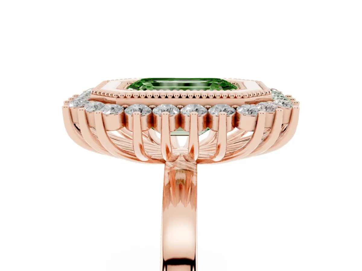 Fancy Green Emerald Cut Halo Diamond Ring with Milgrain Edge and Round Prong Setting Rose gold