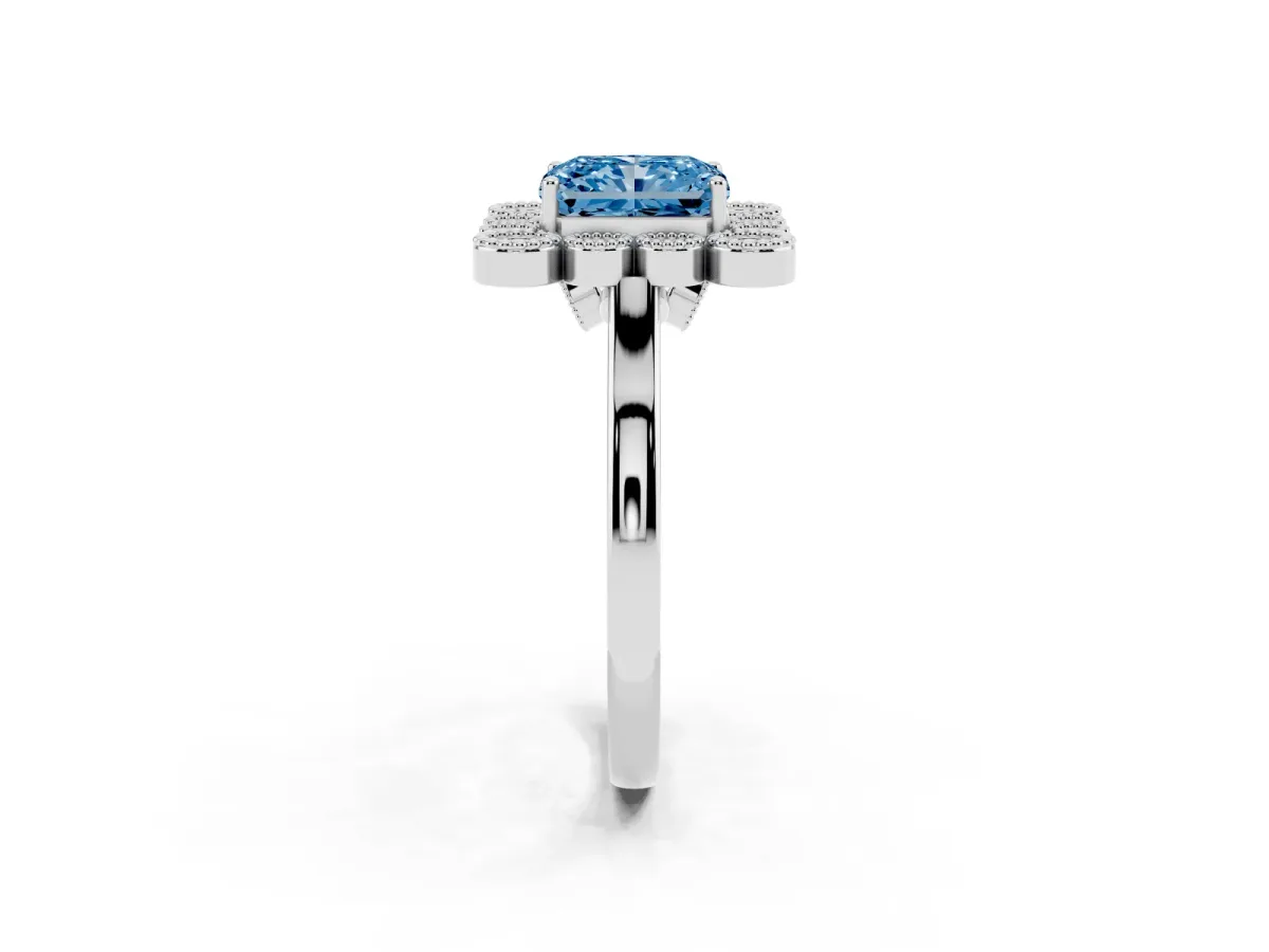 Fancy Blue Radiant Cut Halo Diamond Cluster Engagement Ring with Milgrain Bezel Setting and Solitaire Band Silver