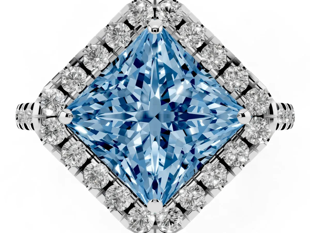 Fancy Blue Princess Cut Diamond Cushion Halo Ring with Pavé Band Silver