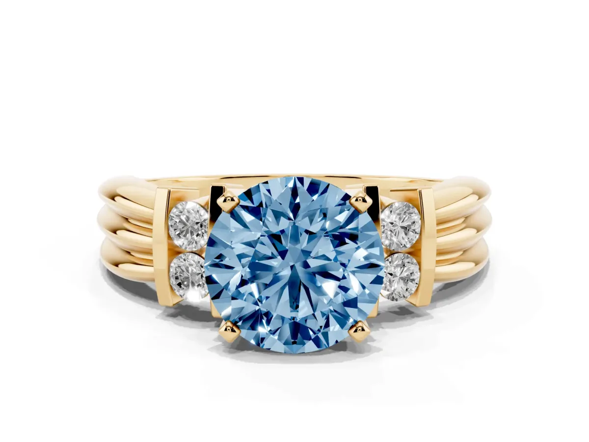 Fancy Blue Round Cut Cut Three-Stone Channel Set Ring with Bar Prongs Yellow gold