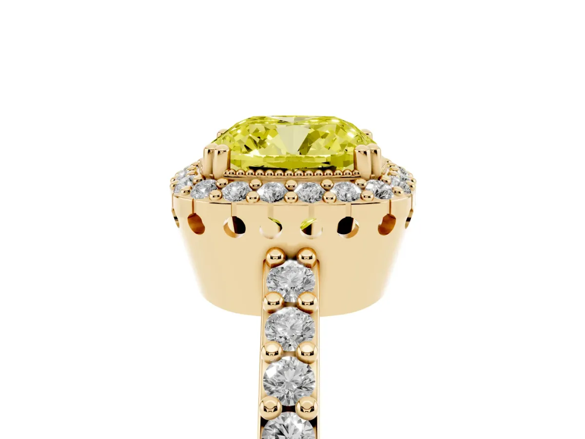 Fancy Yellow Cushion Cut Cut Diamond Halo Engagement Ring with Milgrain Detail and Pavé Band Yellow gold
