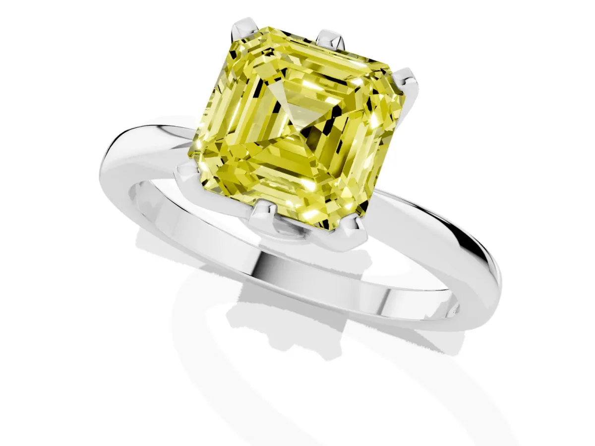 Fancy Yellow Asscher Cut Solitaire Engagement Ring with Six-Prong Setting and Tapered Band Silver