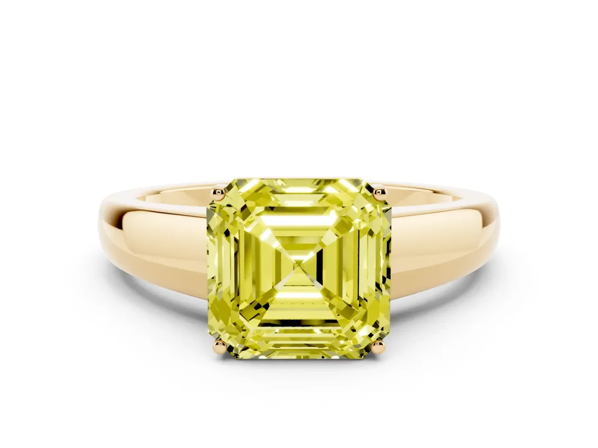 Fancy Yellow Asscher Cut Solitaire Diamond Ring with Tapered Band and Four-Prong Setting Yellow gold