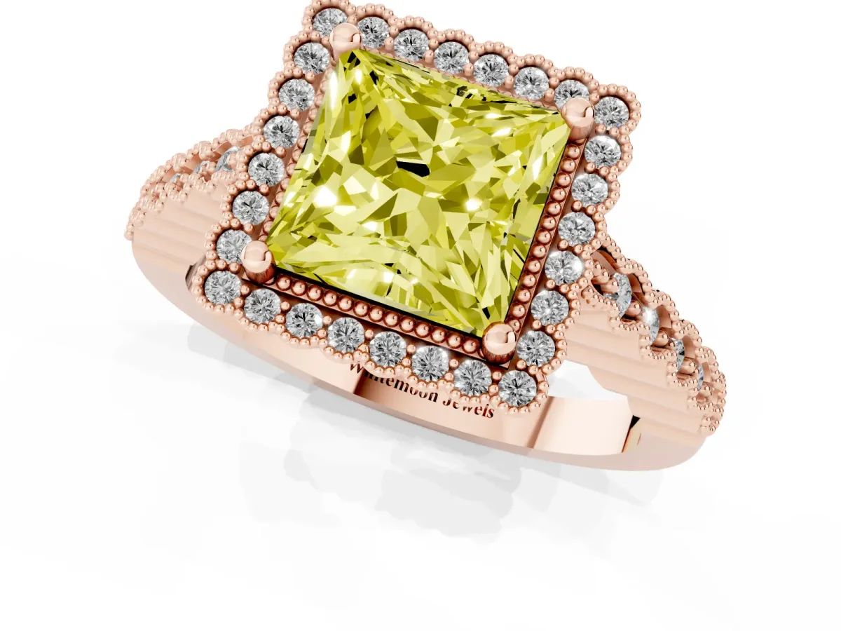 Fancy Yellow Princess Cut Cut Halo Pavé Solitaire Ring with Milgrain Band Rose gold