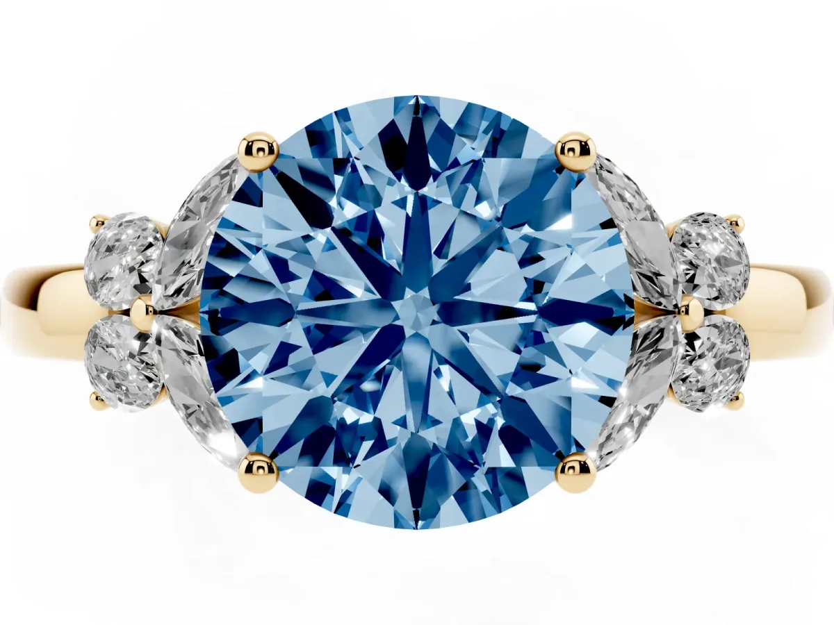 Fancy Blue Round Cut Cut Solitaire Floral Diamond Ring with Four-Prong Setting Yellow gold