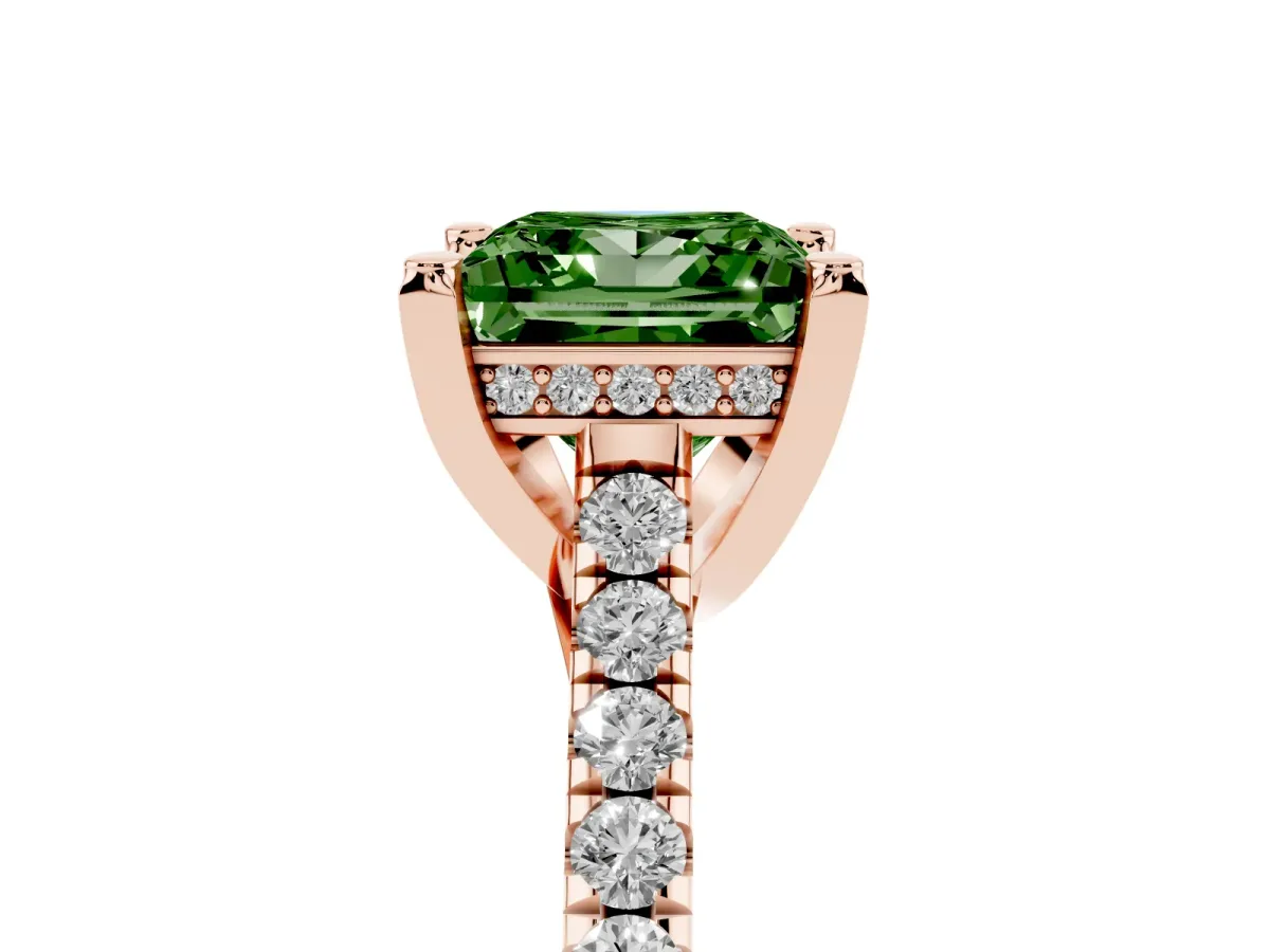 Fancy Green Princess Cut Brilliant Diamond Solitaire with Pavé Band and Four-Prong Setting Rose gold