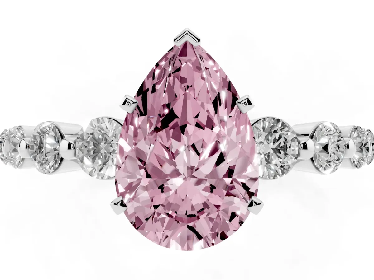 Fancy Pink Pear Cut Solitaire Diamond Ring with Pave Band and Four-Prong Setting Silver