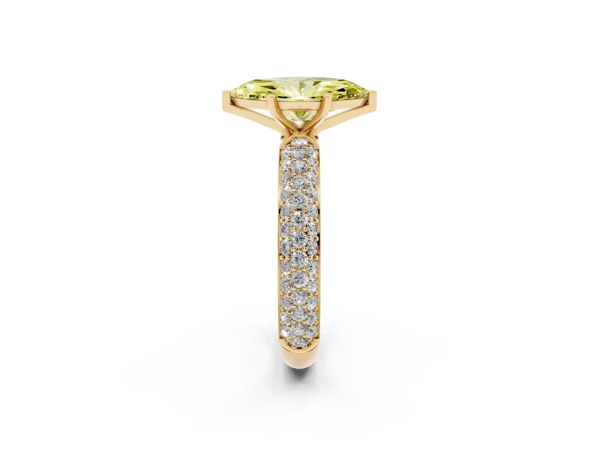 Fancy Yellow Marquise Cut Diamond Solitaire Ring with Prong Setting and Pavé Band Yellow gold
