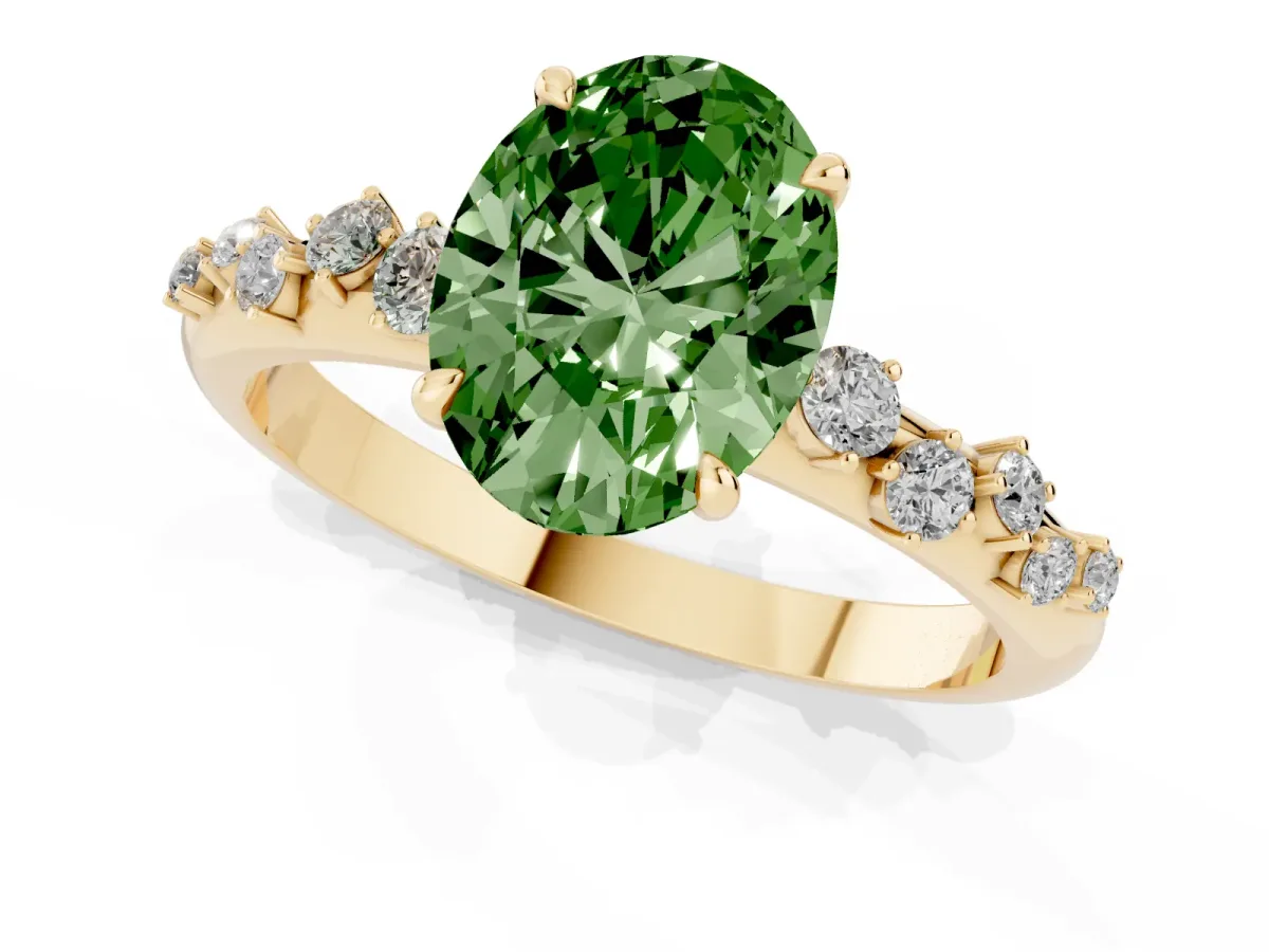 Fancy Green Oval Cut Diamond Cluster Prong-Set Solitaire Ring Yellow gold