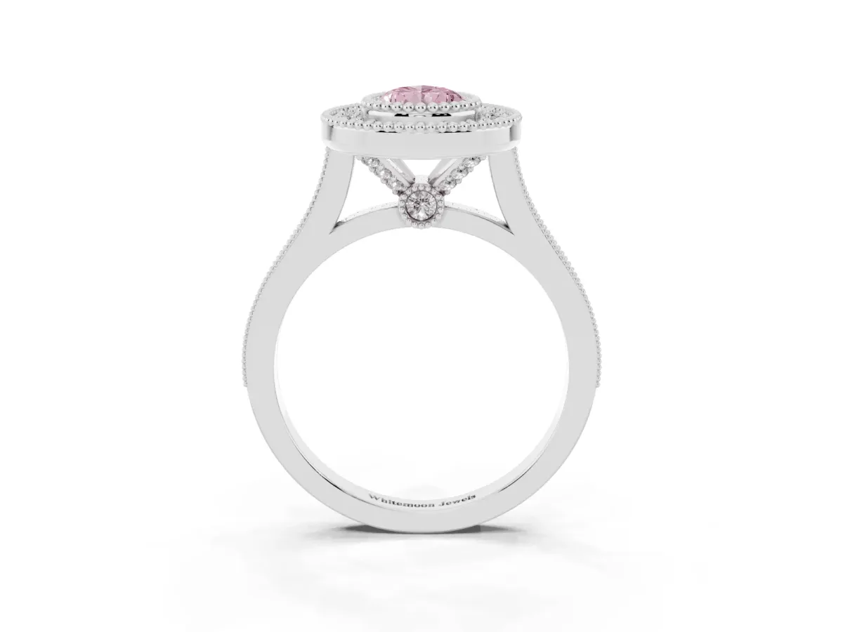 Fancy Pink Pear Cut Diamond Halo Ring with Milgrain Frame and Pavé Band Platinum