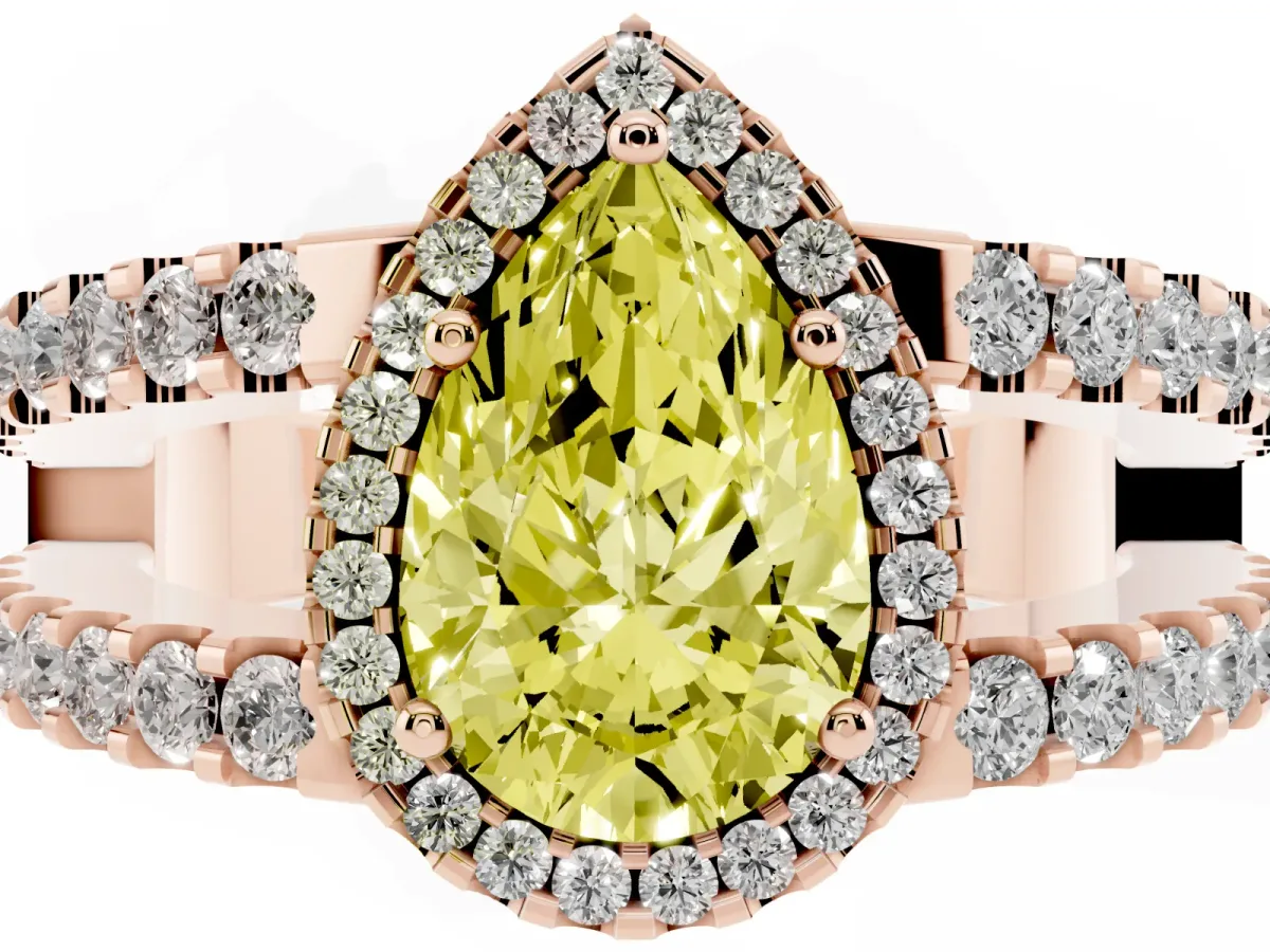 Fancy Yellow Pear Cut Cut Halo Split Shank Diamond Ring with Four-Prong Setting Rose gold