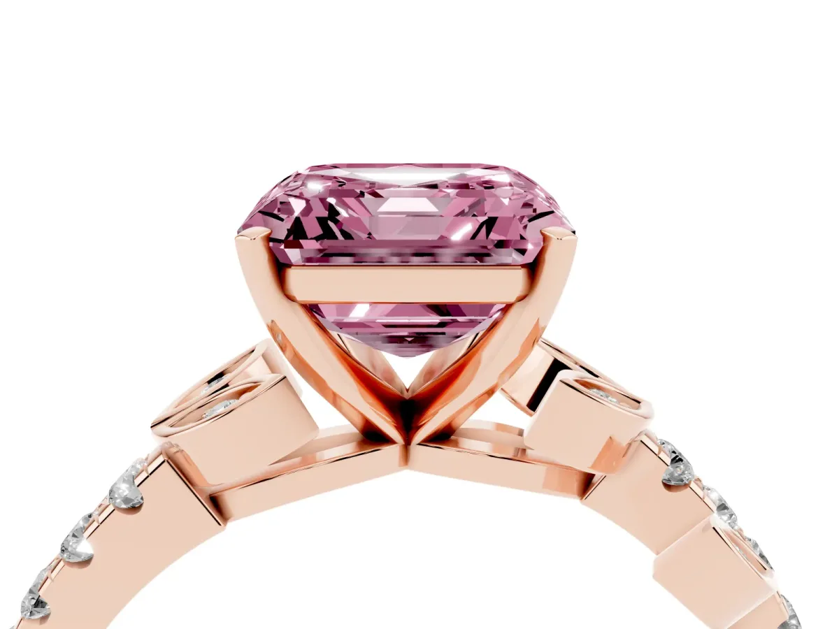 Fancy Pink Asscher Cut Solitaire Leaf-Inspired Diamond Ring with Pavé Band and Four-Prong Setting Rose gold