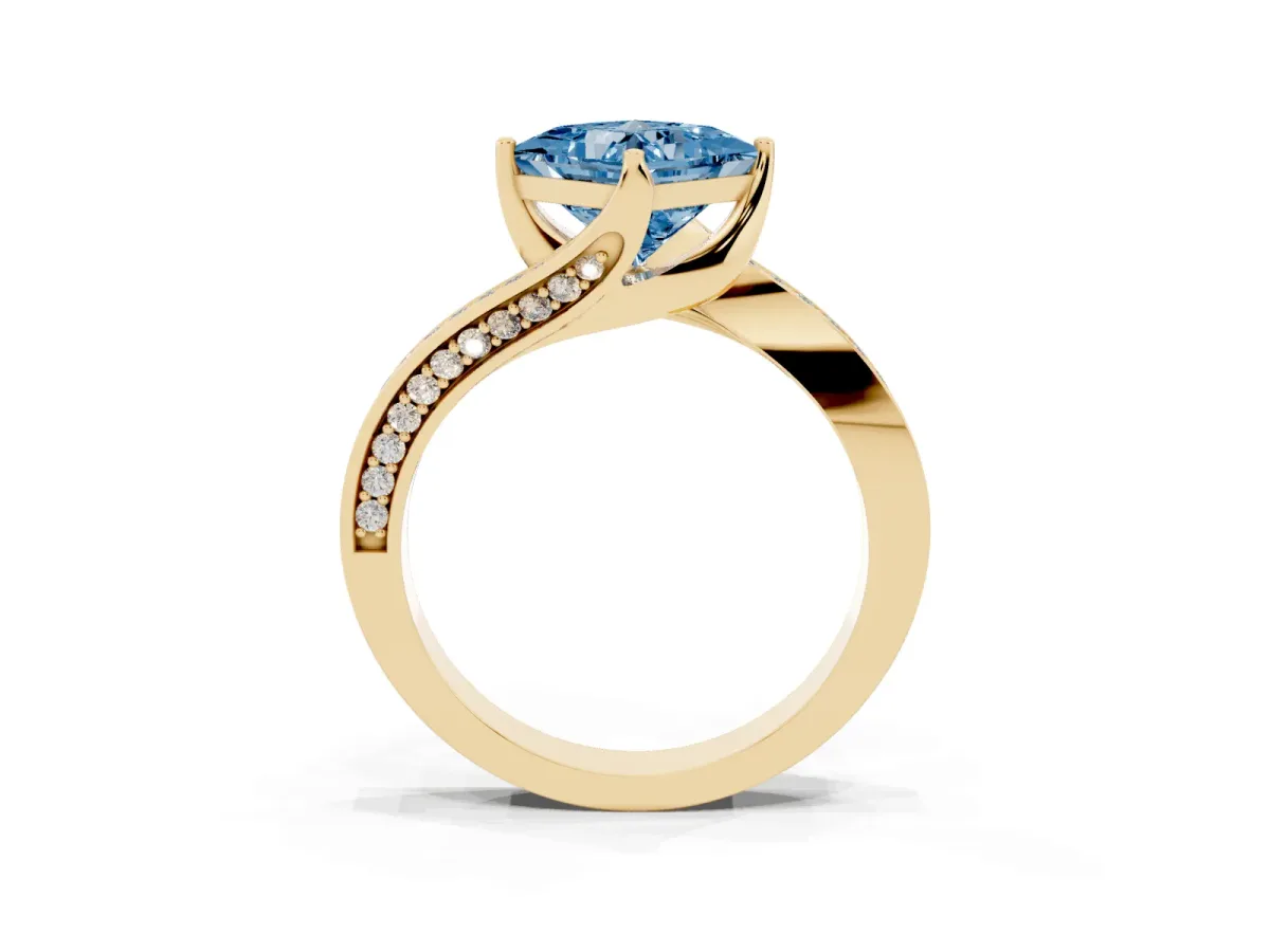 Fancy Blue Princess Cut Solitaire Diamond Twist Band with Pavé Setting and Four-Prong Setting Yellow gold
