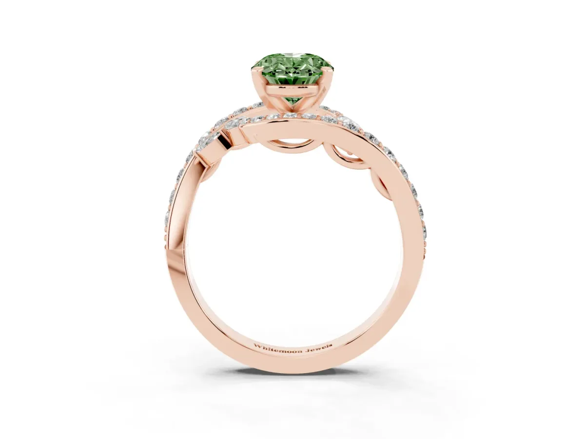 Fancy Green Oval Cut Solitaire with Pavé Twist Band and Four-Prong Setting Rose gold