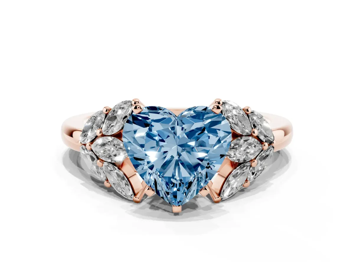 Fancy Blue Heart Cut Diamond Cluster Leaf Design Ring with Prong Setting Rose gold