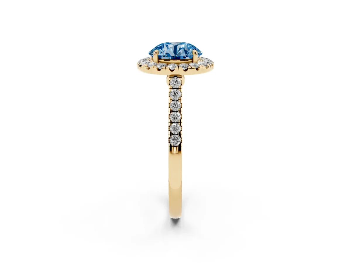 Fancy Blue Round Cut Halo Pave Diamond Engagement Ring with Four-Prong Setting Yellow gold
