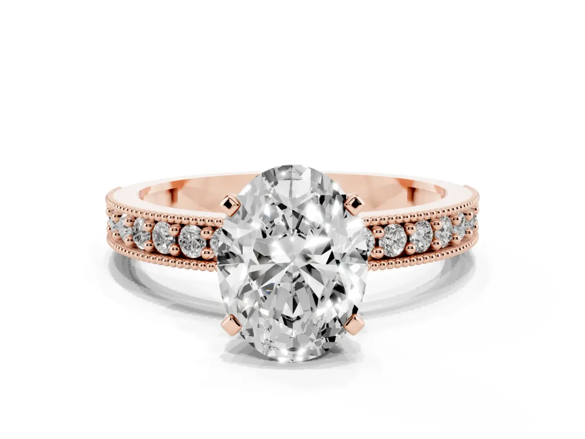 Oval Cut Diamond Milgrain Pavé Engagement Ring with Four-Prong Setting Rose gold