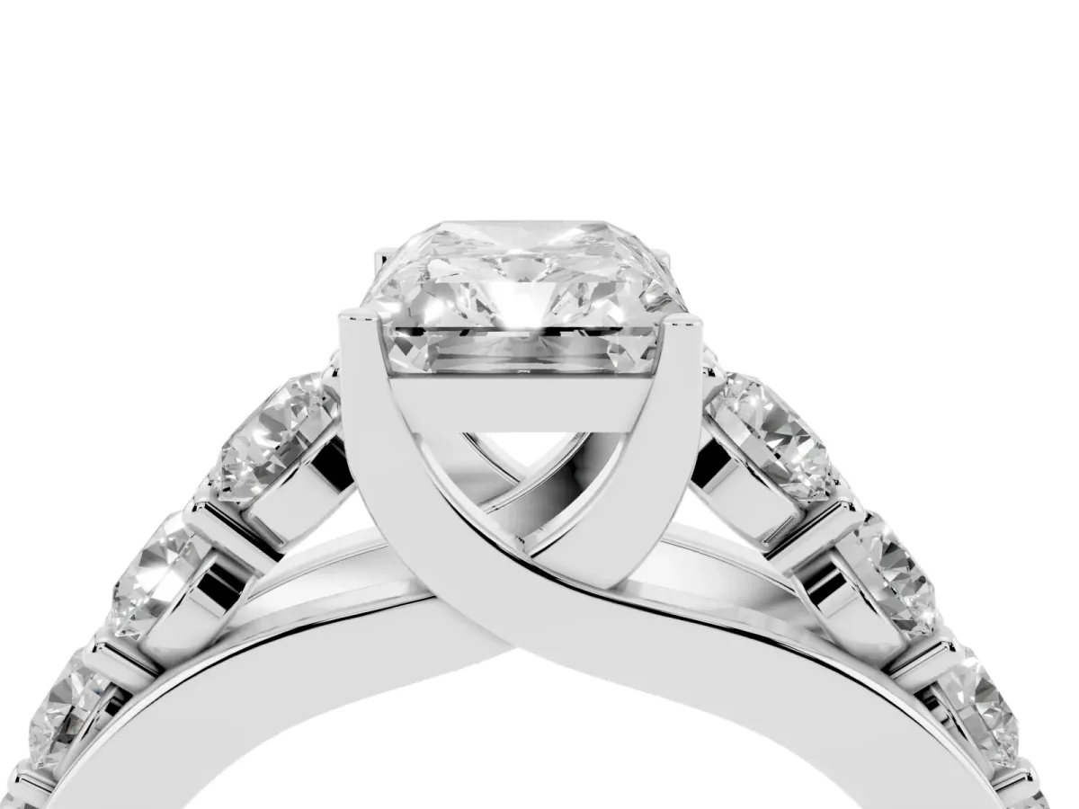 Radiant Cut Diamond Engagement Ring with Pavé Band and Four-Prong Setting Silver