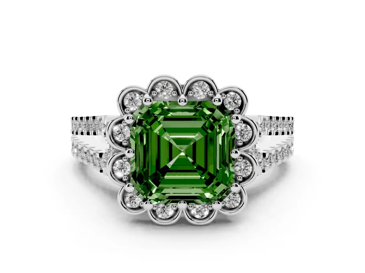 Fancy Green Asscher Cut Halo Diamond Floral Split Shank Engagement Ring Silver