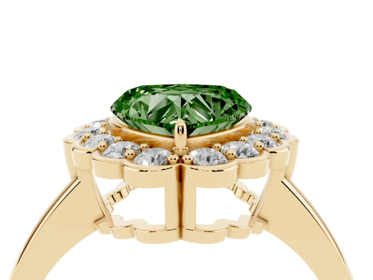 Fancy Green Heart Cut Halo Cluster Diamond Engagement Ring with Solitaire Band and Prong Setting Yellow gold