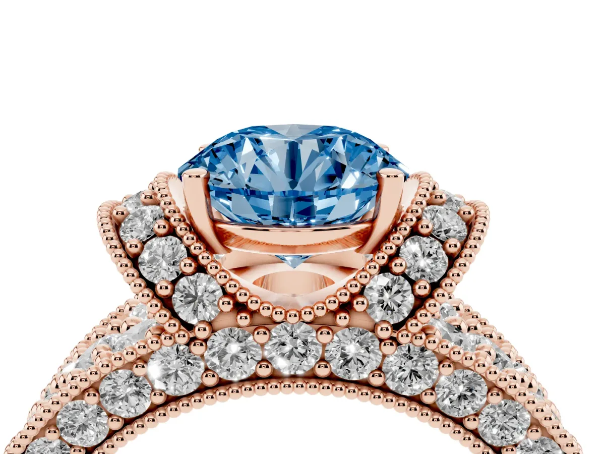 Fancy Blue Round Cut Halo Pave Diamond Engagement Ring with Milgrain Detailing Rose gold