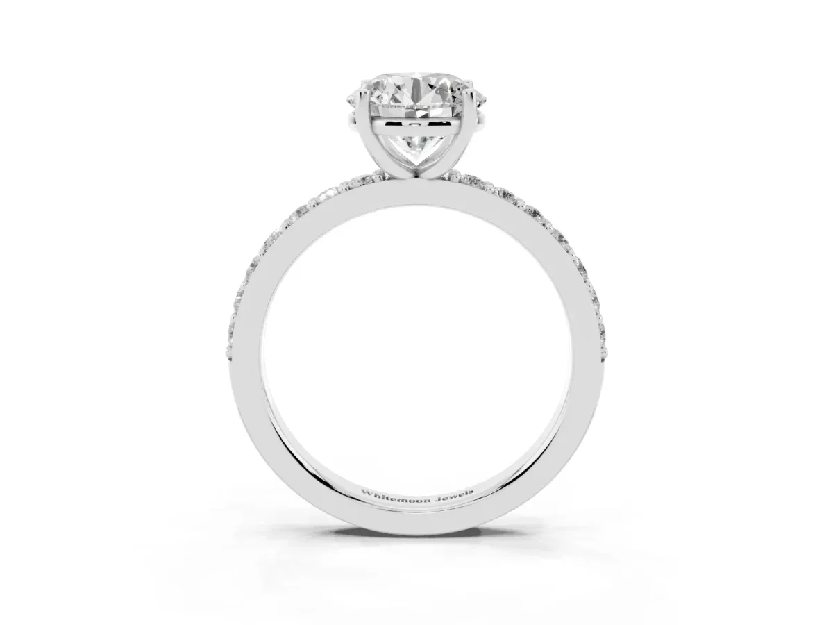 Round Cut Cut Diamond Solitaire with Pave Band and Four-Prong Setting Silver