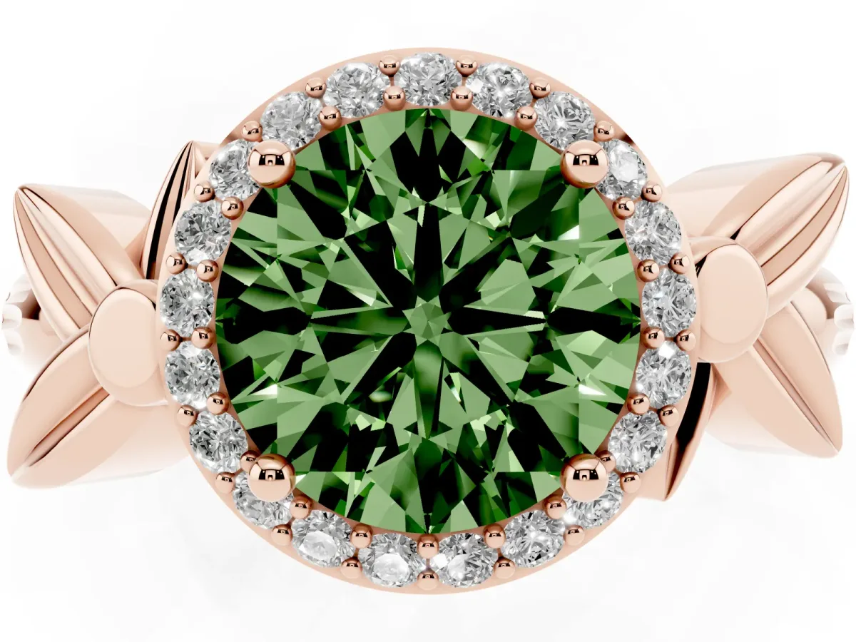 Fancy Green Round Cut Halo Diamond Floral Band with Four-Prong Setting Rose gold