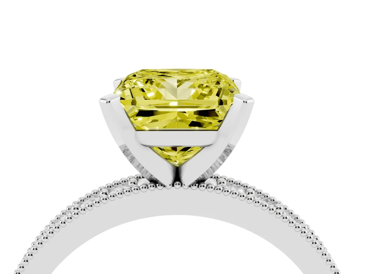 Fancy Yellow Princess Cut Diamond Milgrain Pavé Engagement Ring with Four-Prong Setting Silver