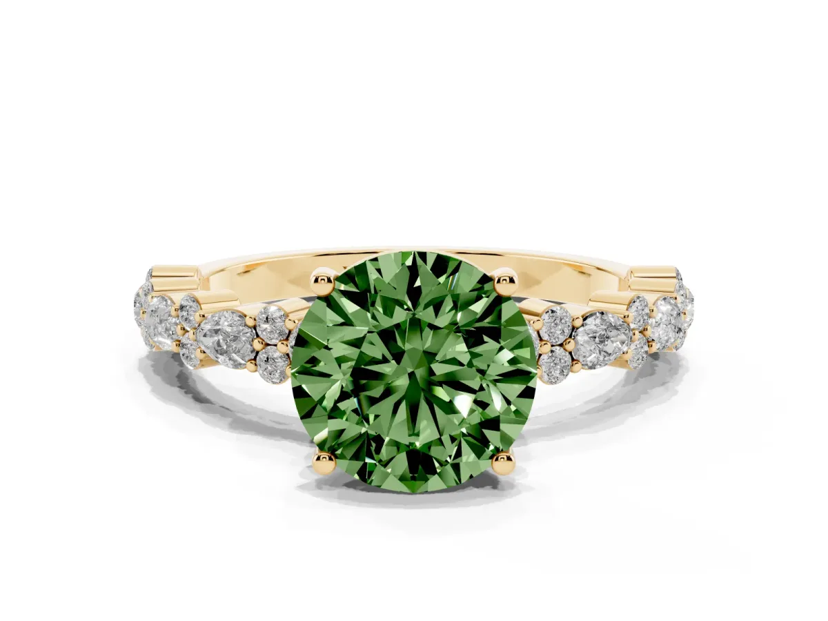 Fancy Green Round Cut Diamond Side Stone Solitaire Ring with Round and Four-Prong Setting Yellow gold