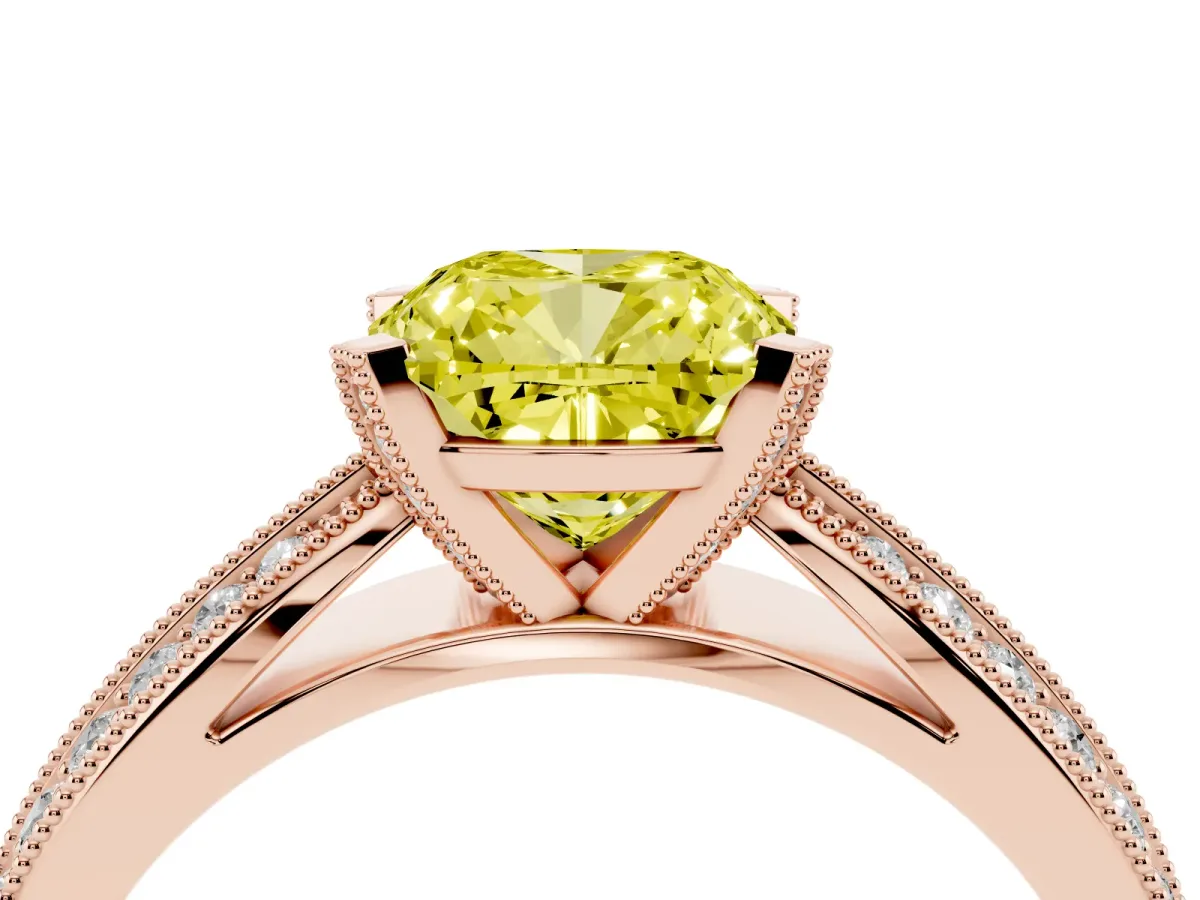 Fancy Yellow Cushion Cut Diamond Solitaire Ring with Milgrain Round Pavé Band and Prong Setting Rose gold
