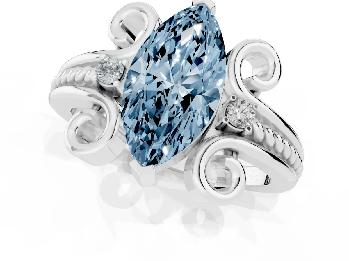 Fancy Blue Marquise Cut Solitaire Twisted Band Scroll Prong Ring Platinum
