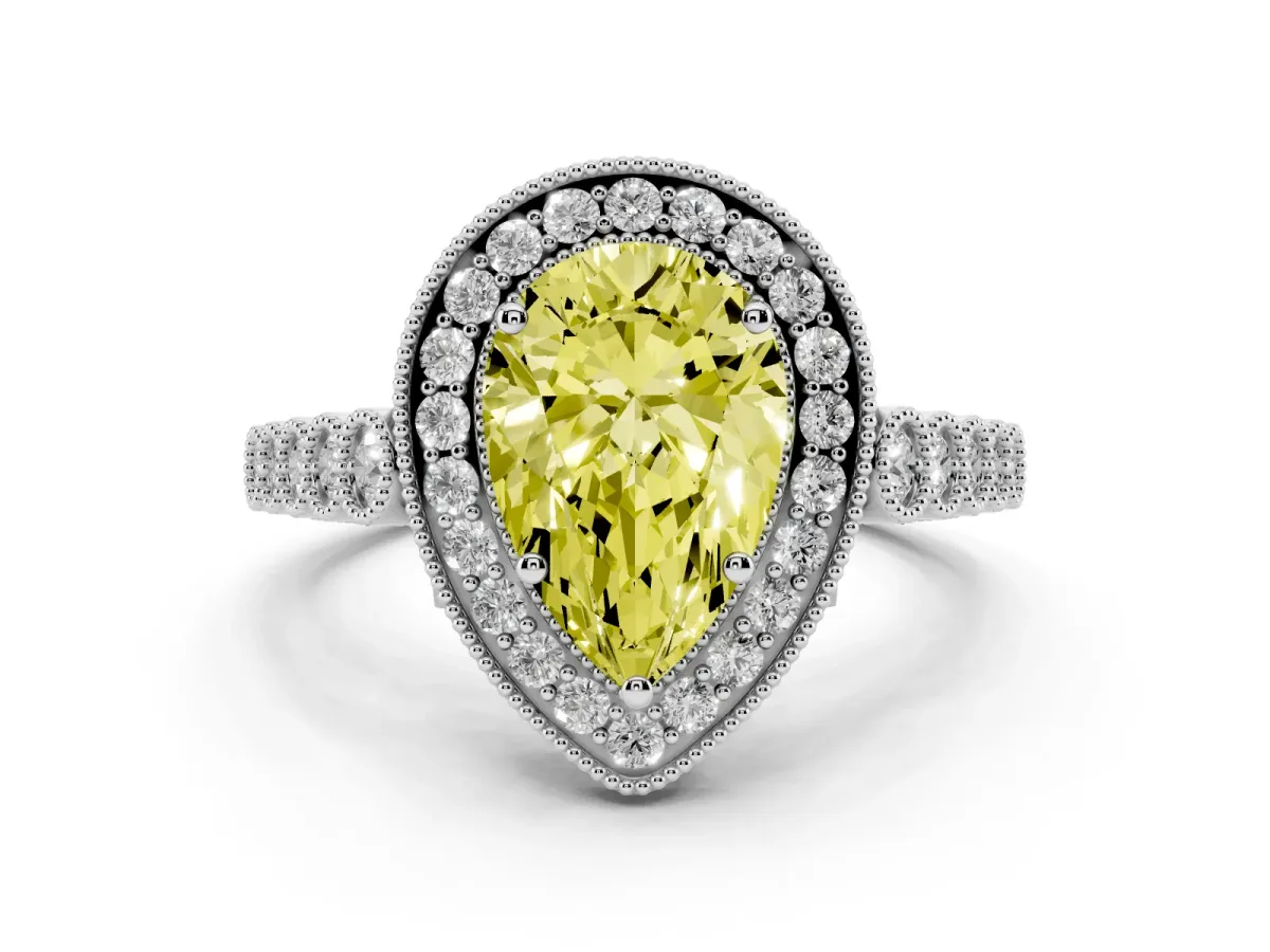 Fancy Yellow Pear Cut Halo Twist Band Solitaire Ring with Six-Prong Setting Silver