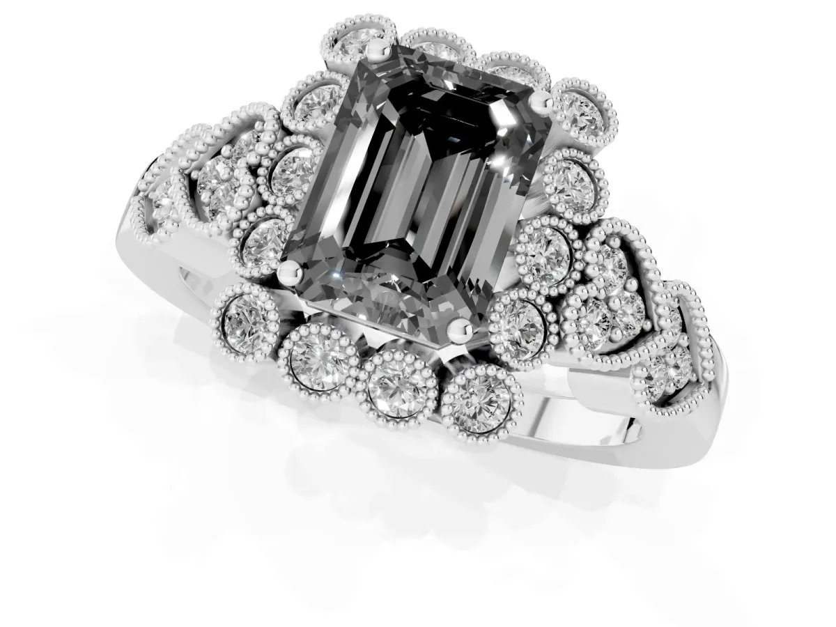 Fancy Black Emerald Cut Brilliant Milgrain Pave Heart Band Solitaire Ring Silver