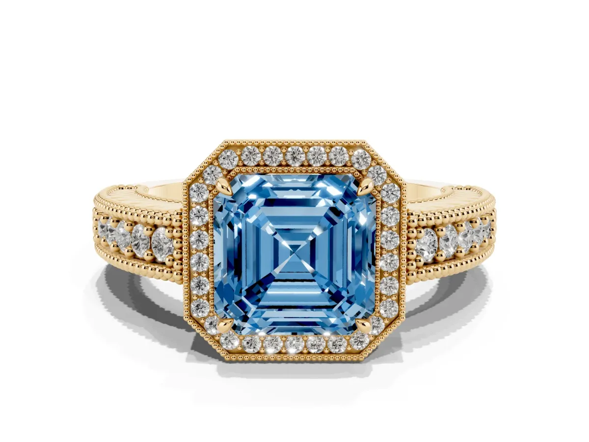 Fancy Blue Asscher Cut Cut Halo Diamond Ring with Pavé Band and Four-Prong Setting Yellow gold