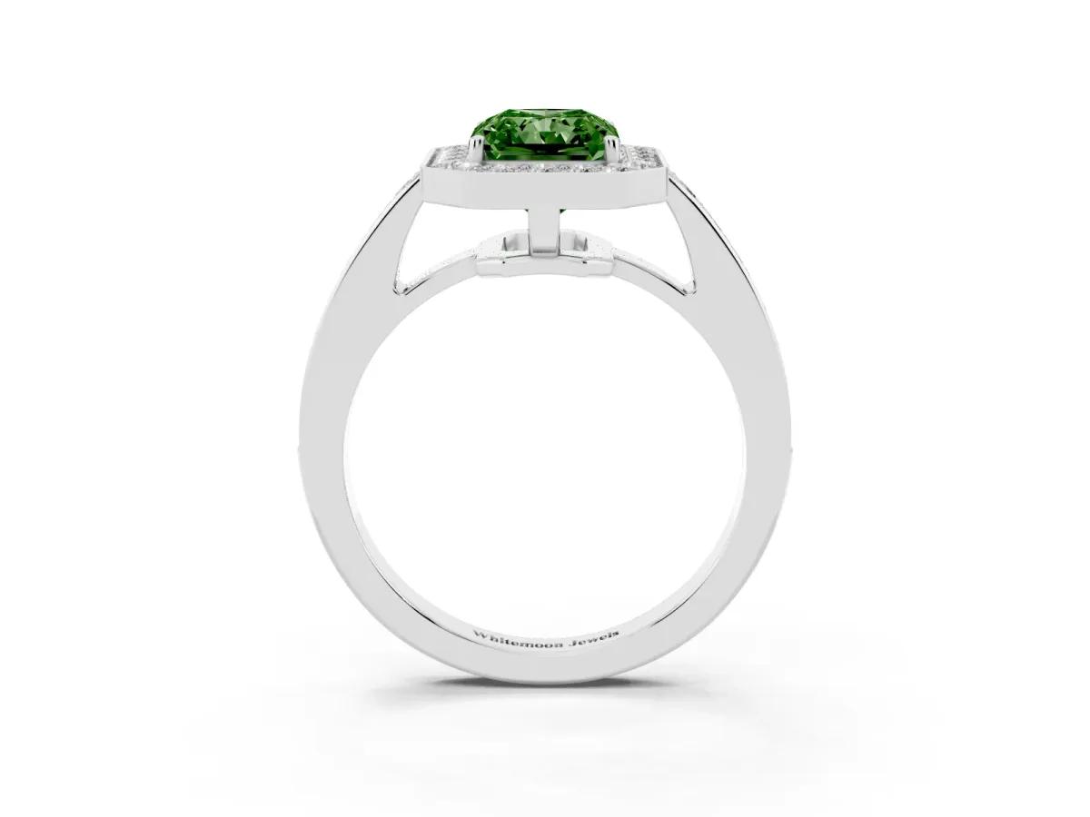 Fancy Green Radiant Cut Halo Pavé Diamond Engagement Ring with Bezel Setting White gold