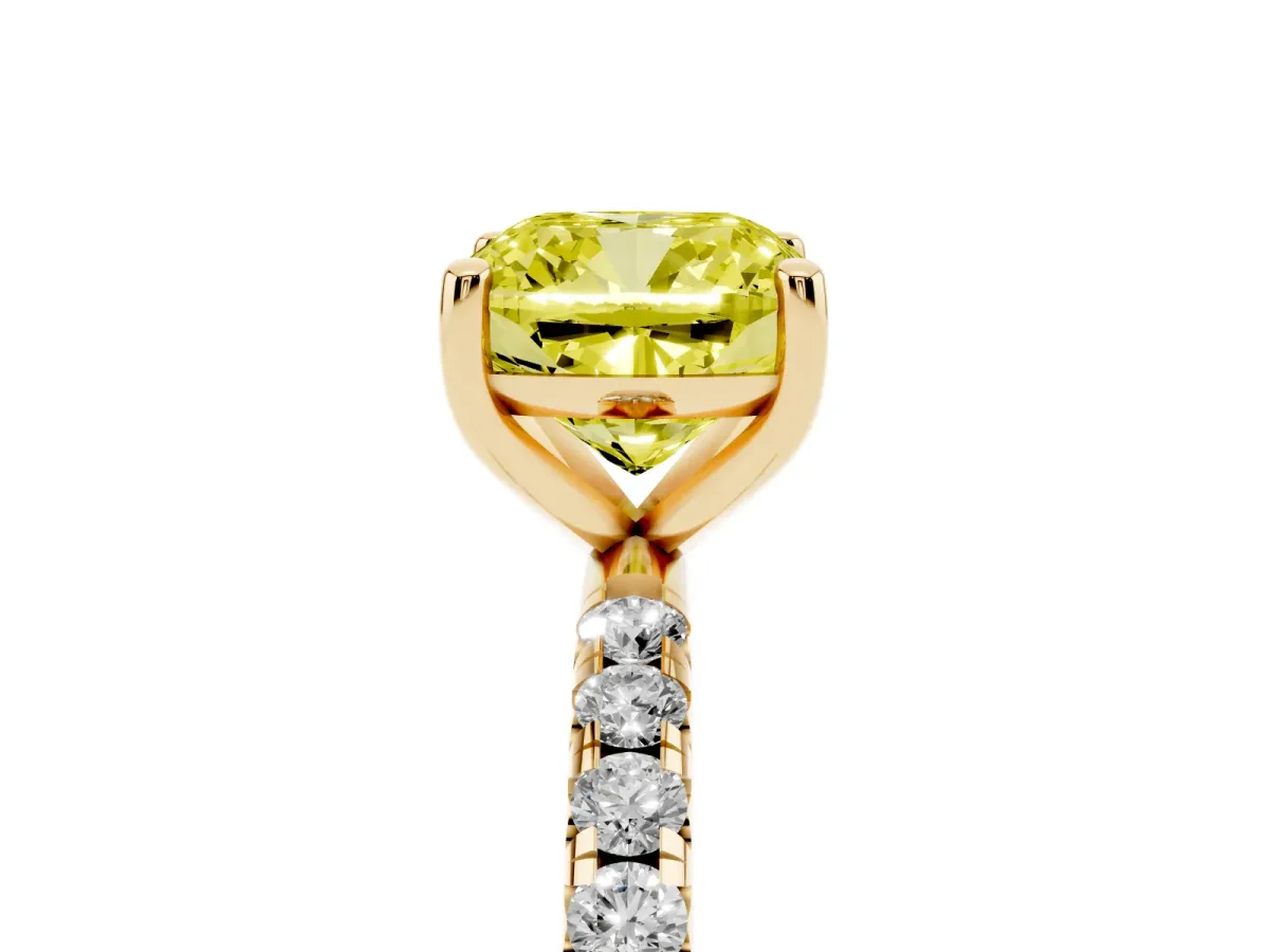 Fancy Yellow Cushion Cut Cut Diamond Solitaire Ring with Micro Pave Band and Four Prong Setting Yellow gold
