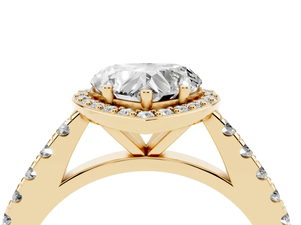 Heart Cut Cut Halo Diamond Engagement Ring with Pave Band and Four-Prong Setting Yellow gold