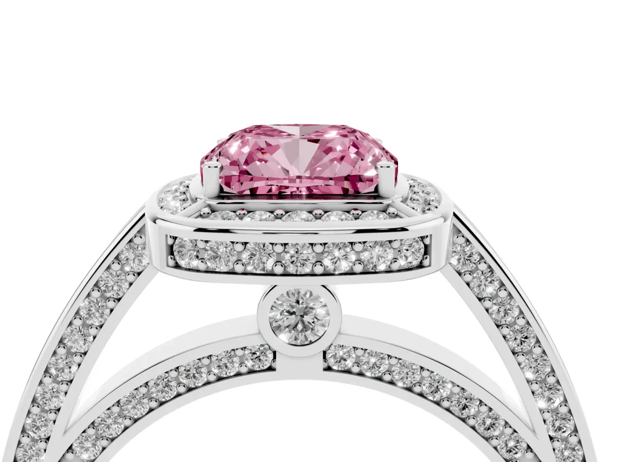 Fancy Pink Cushion Cut Cut Halo Pave Split Shank Prong Setting Ring Platinum
