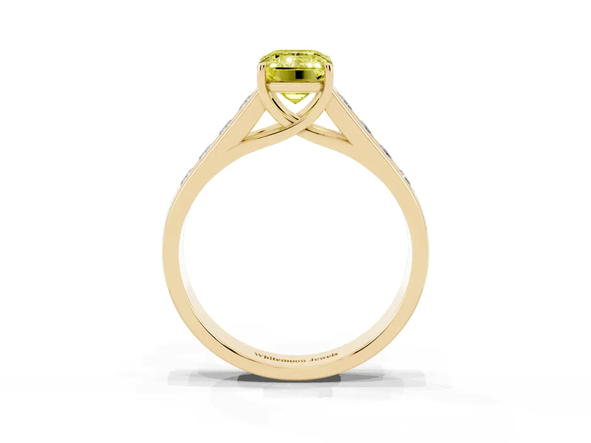 Fancy Yellow Emerald Cut Solitaire Channel-Set Diamond Engagement Ring with Four-Prong Setting Yellow gold