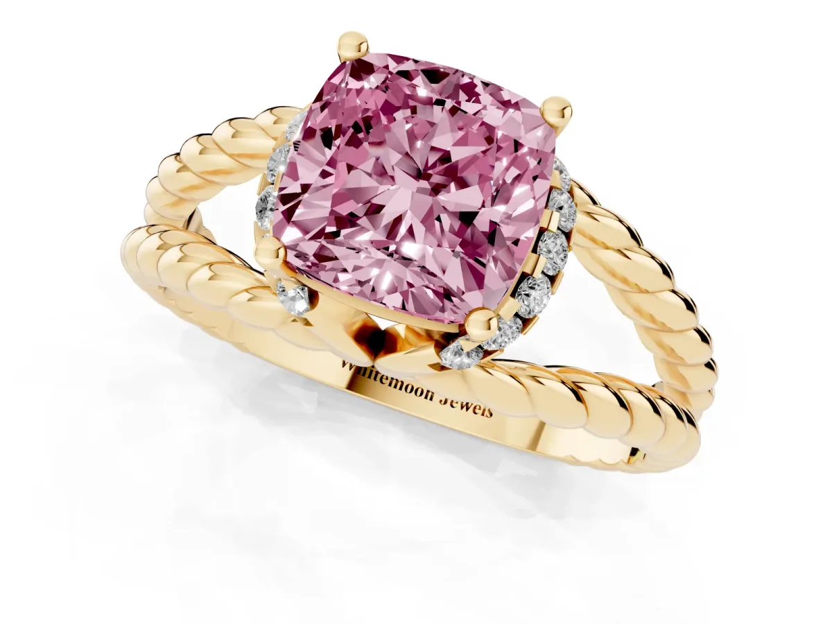 Fancy Pink Cushion Cut Halo Twisted Band Four-Prong Ring Yellow gold