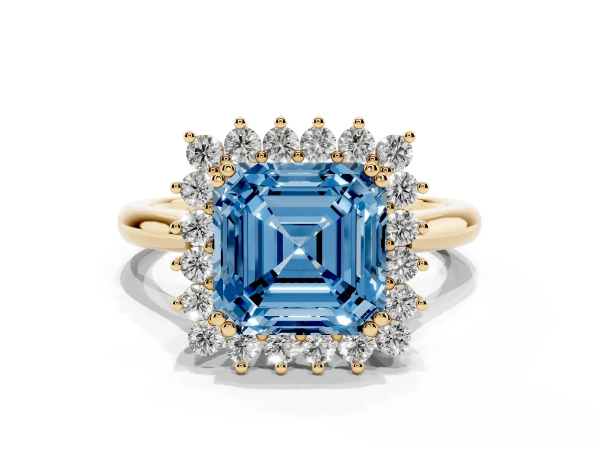 Fancy Blue Asscher Cut Cut Diamond Halo Ring with Solitaire Band and Prong Setting Yellow gold