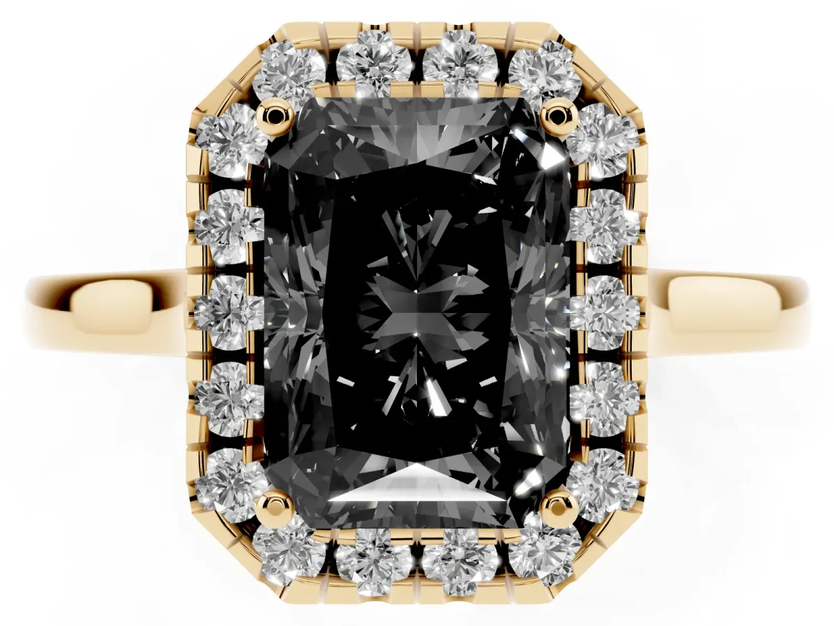 Fancy Black Radiant Cut Halo Round Diamond Solitaire Ring with Pavé Band and Four-Prong Setting Yellow gold