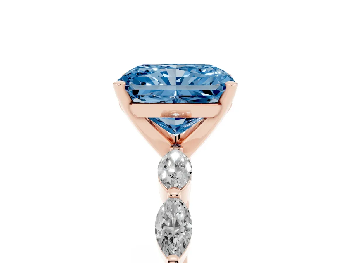 Fancy Blue Radiant Cut Diamond Ring with Marquise Side Stones and Prong Setting Rose gold