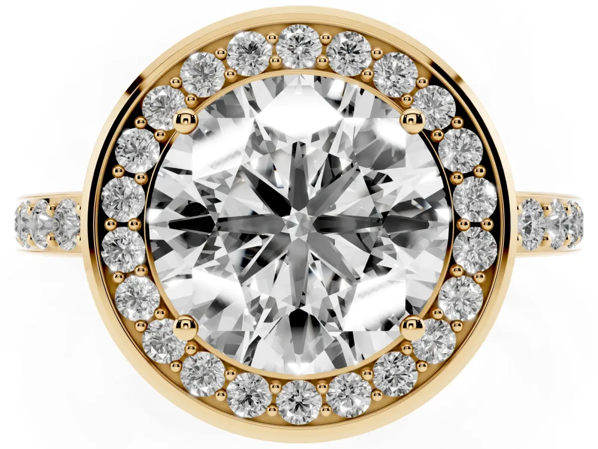 Round Cut Diamond Halo Ring with Bezel Frame and Pavé Band Yellow gold