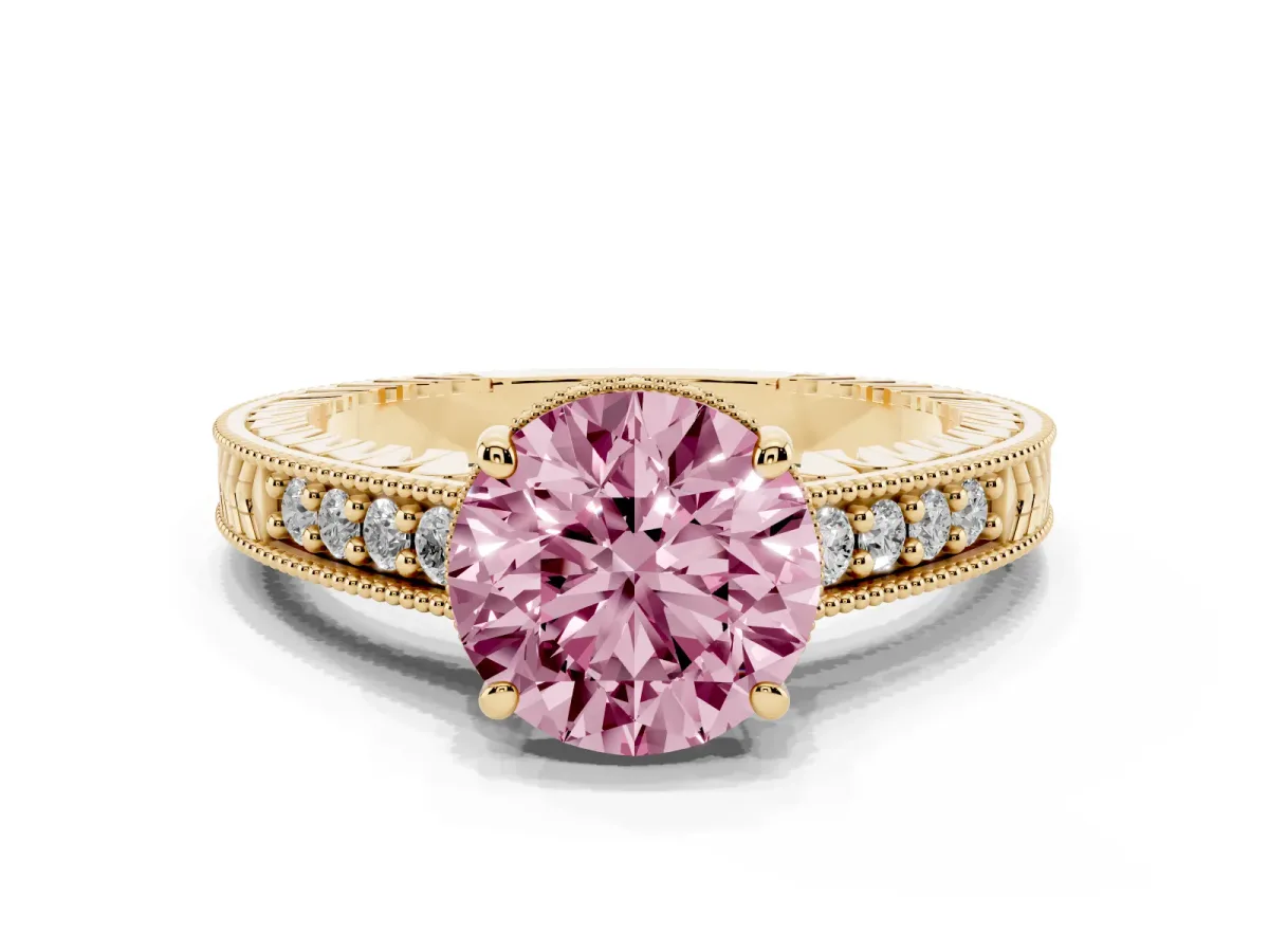 Fancy Pink Round Cut Solitaire Pavé Diamond Milgrain Engagement Ring with Four-Prong Setting Yellow gold