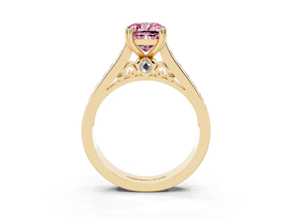Fancy Pink Cushion Cut Cut Channel Set Solitaire Engagement Ring with Prong Setting Yellow gold