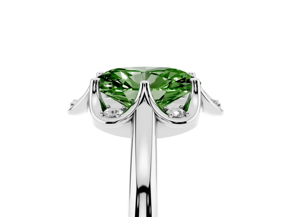 Fancy Green Oval Cut Halo Diamond Ring with Round Cluster Setting, Solitaire Band, and Four-Prong Setting White gold