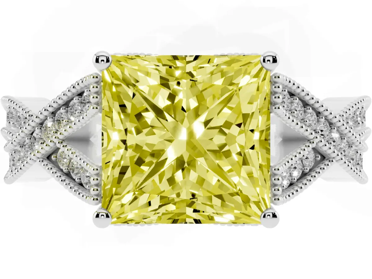 Fancy Yellow Princess Cut Cut Diamond Twisted Band with Milgrain Pave Setting and Four-Prong Setting Silver