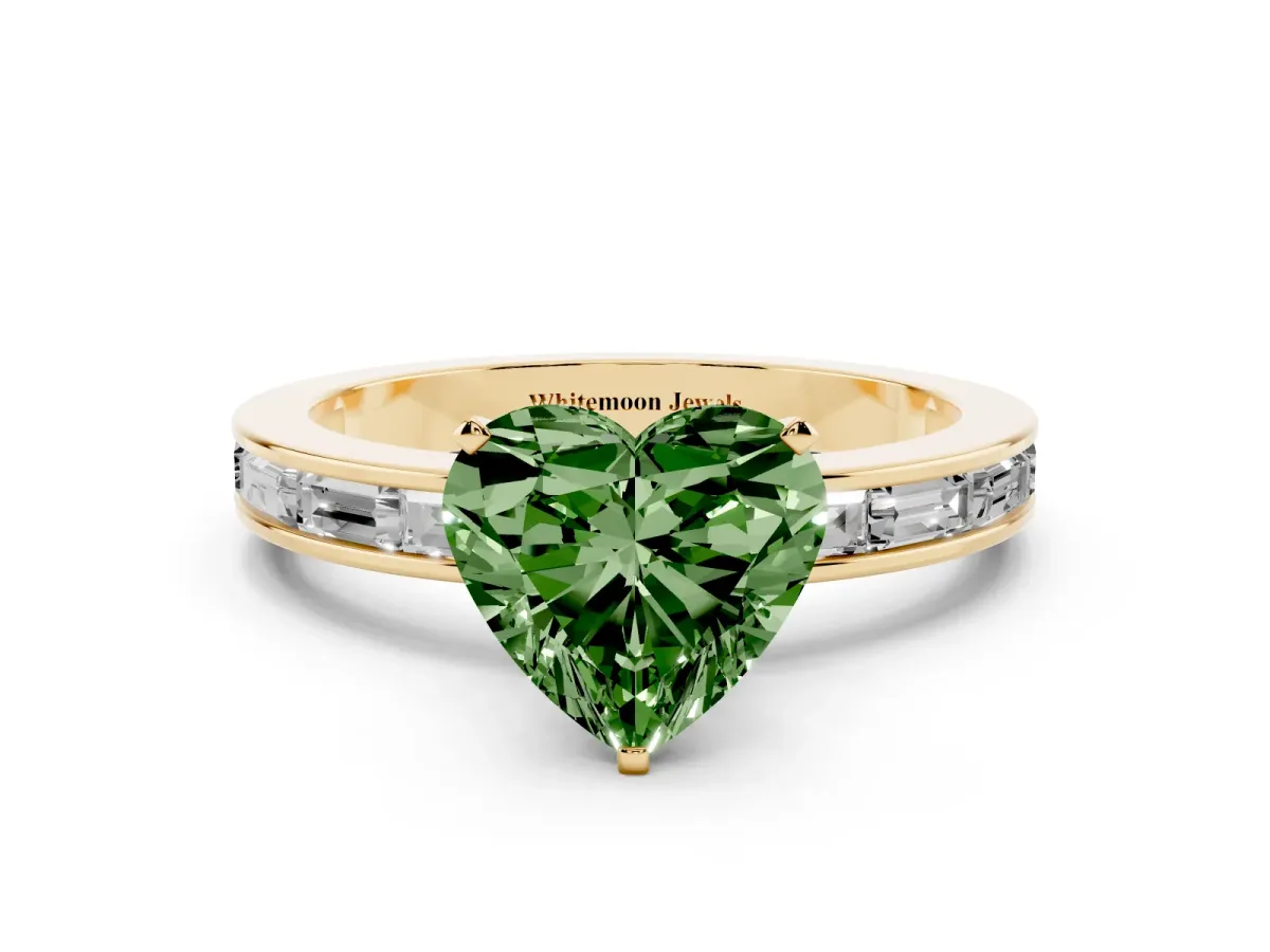 Fancy Green Heart Cut Solitaire Diamond Ring with Channel-Set Baguette Band and Four-Prong Setting Yellow gold
